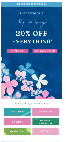 Anthropologie’s Spring email newsletter offering a 20% discount